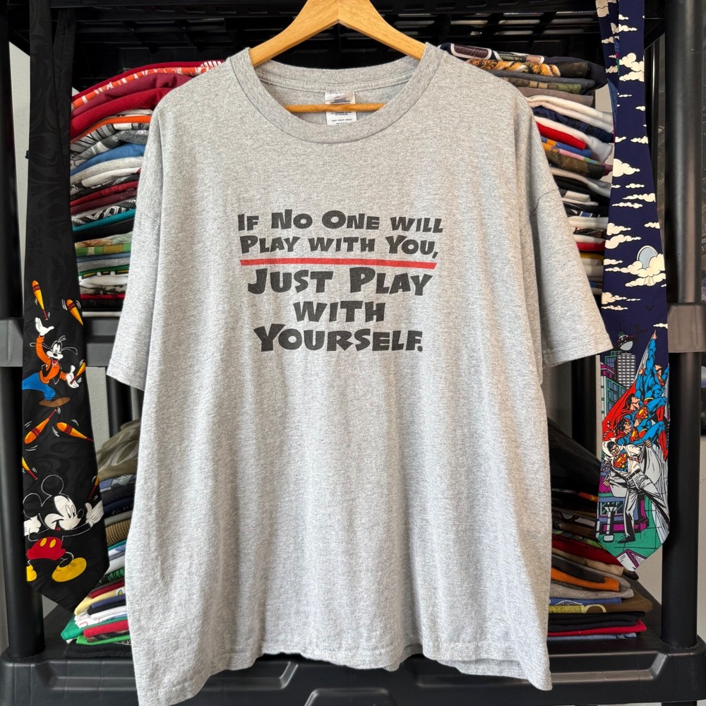 Y2K Gray Just Play With Yourself Humorous Graphic T-Shirt XL